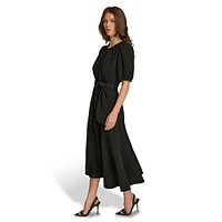 Gathered-Neck Puff-Sleeve Tie-Waist Midi Dress