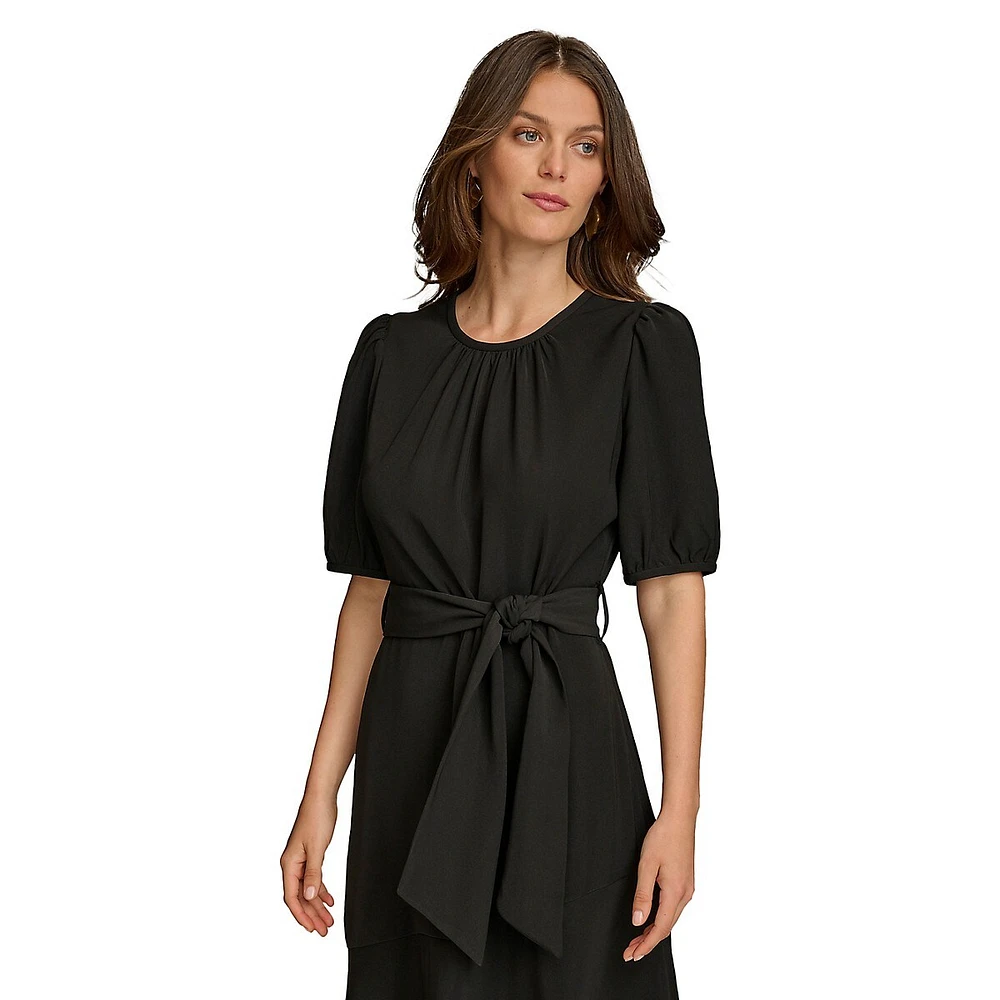 Gathered-Neck Puff-Sleeve Tie-Waist Midi Dress