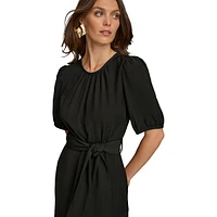 Gathered-Neck Puff-Sleeve Tie-Waist Midi Dress