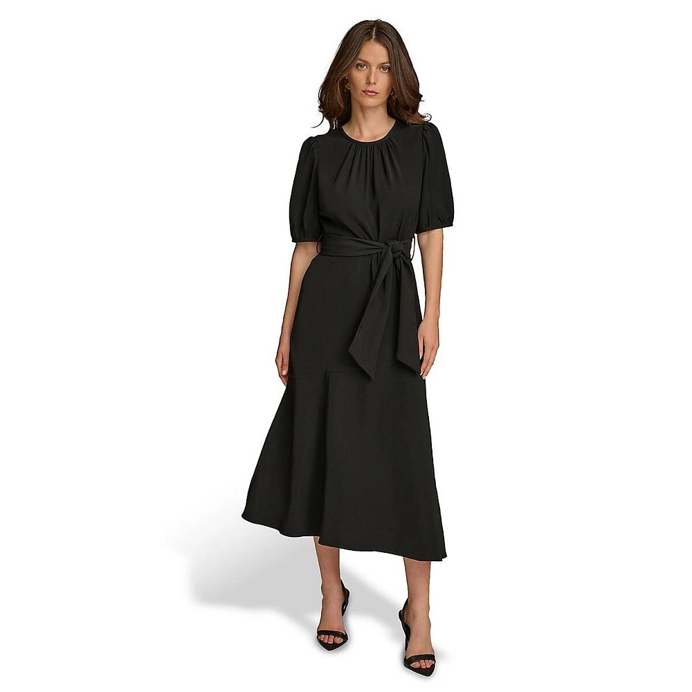 Gathered-Neck Puff-Sleeve Tie-Waist Midi Dress