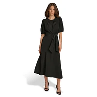 Gathered-Neck Puff-Sleeve Tie-Waist Midi Dress