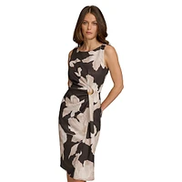 Floral-Print Sleeveless Side-Gather Sheath Dress