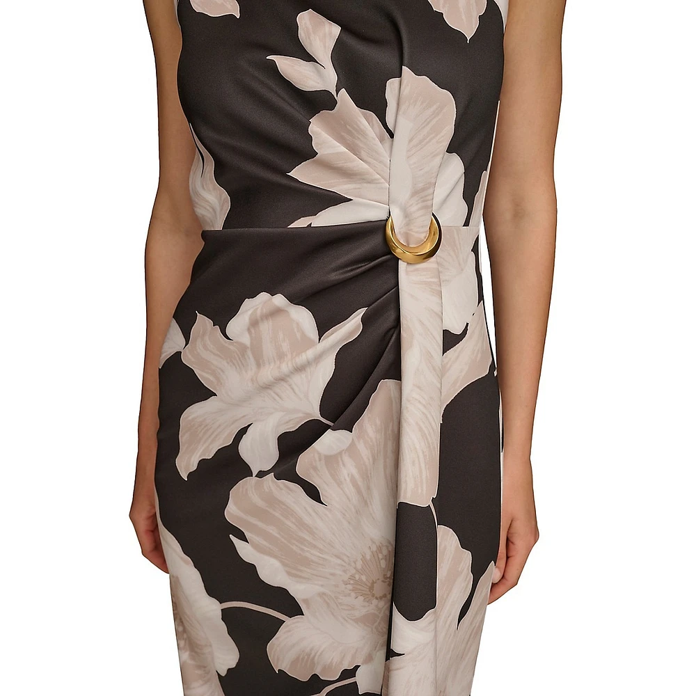 Floral-Print Sleeveless Side-Gather Sheath Dress