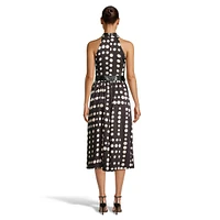 Polka Dot V-Neck Belted Halter Midi Dress