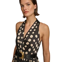 Polka Dot V-Neck Belted Halter Midi Dress