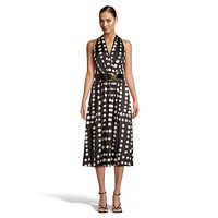 Polka Dot V-Neck Belted Halter Midi Dress