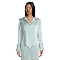 Satin Point-Hem Button-Down Shirt