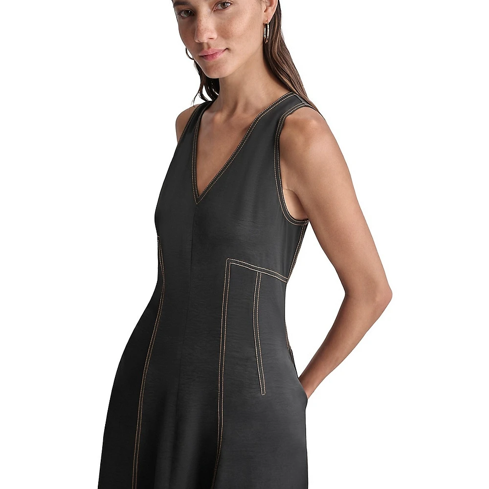 Contrast-Stitched Sleeveless Midi Dress