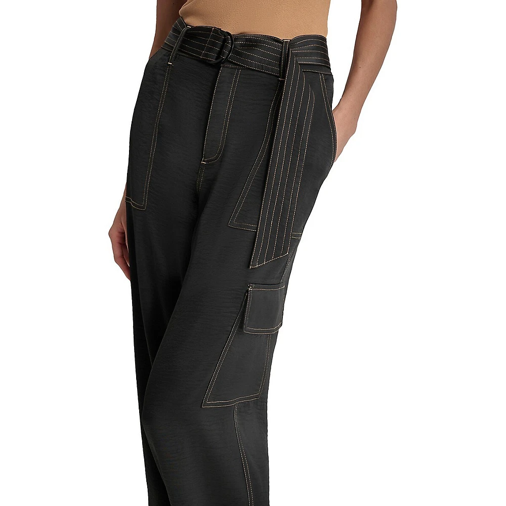 Belted Contrast-Stitch Cargo Pants