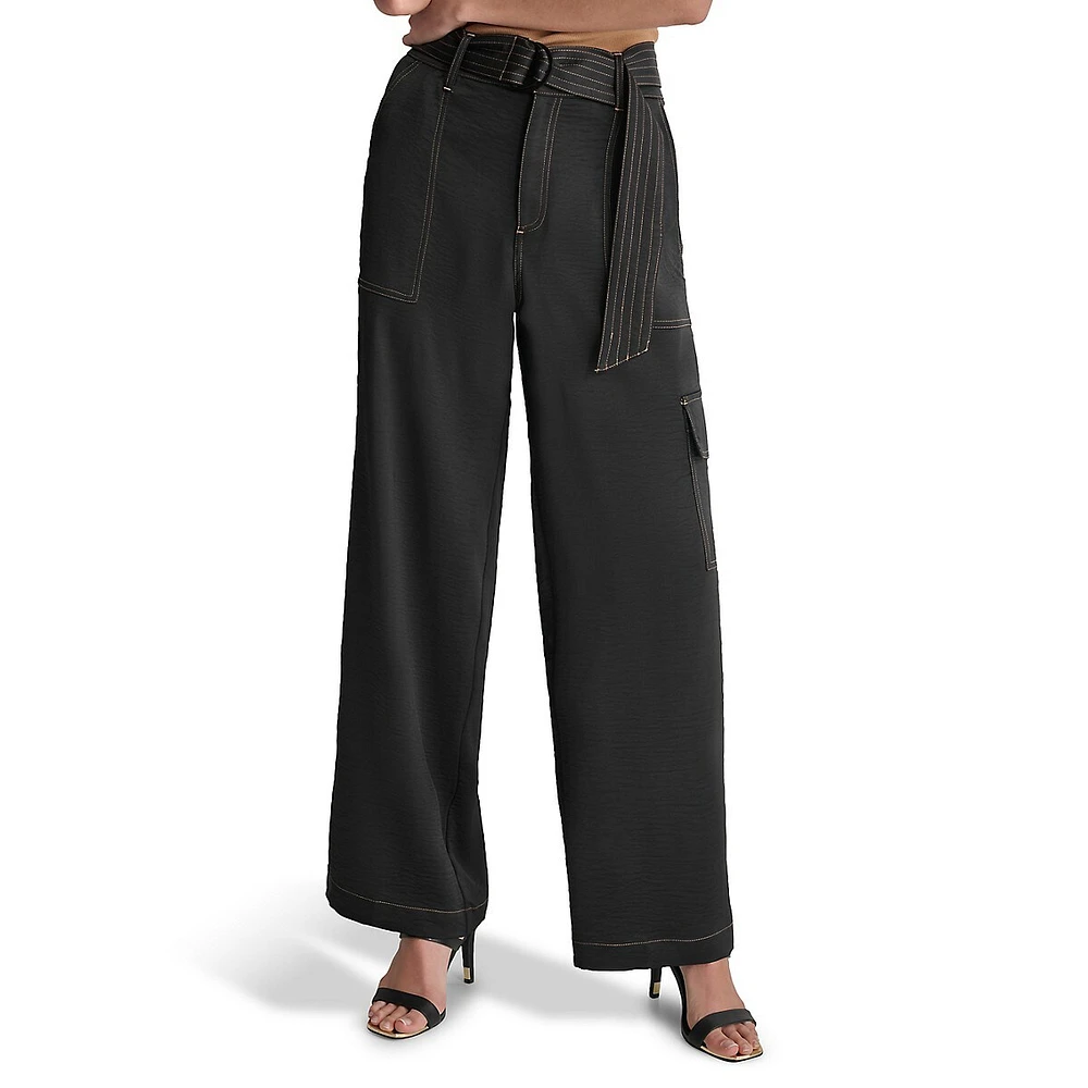 Belted Contrast-Stitch Cargo Pants