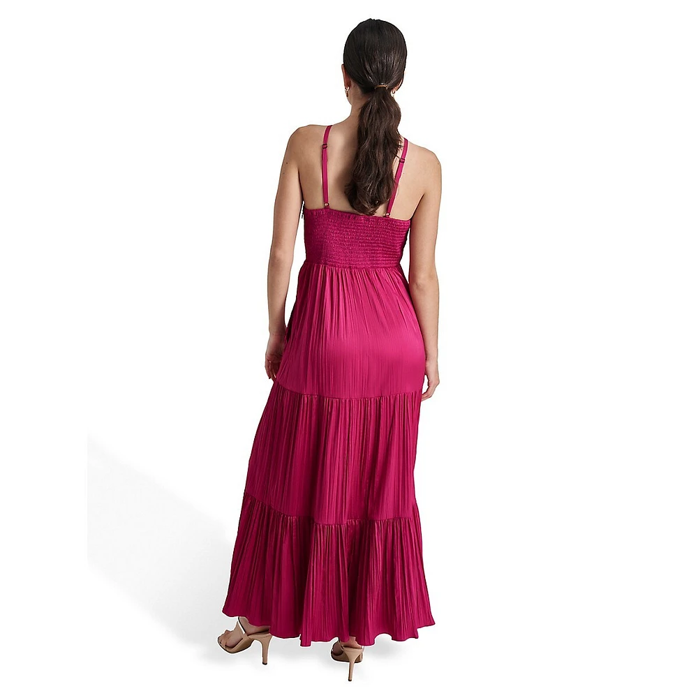 Pleated & Tiered Halter Maxi Dress