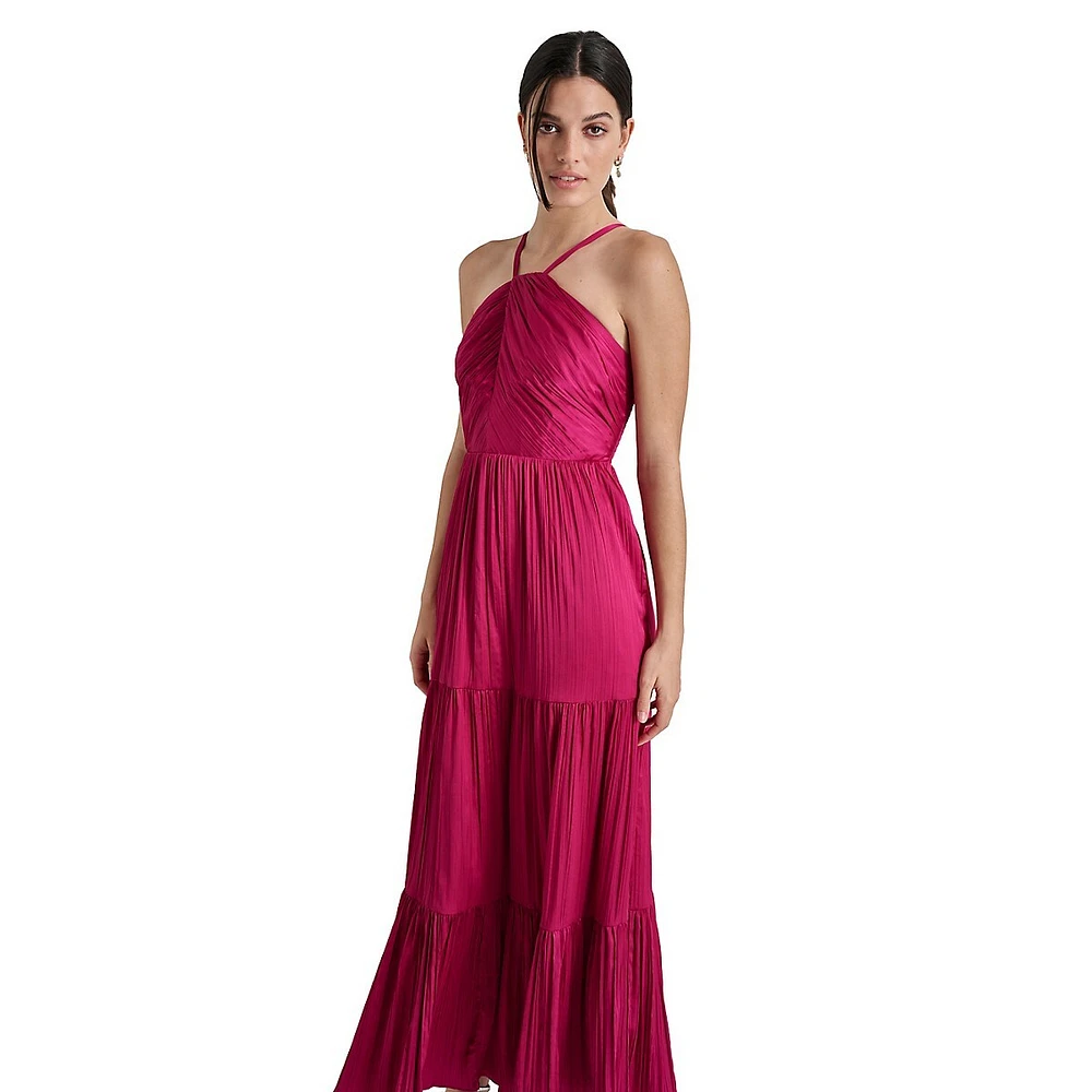 Pleated & Tiered Halter Maxi Dress