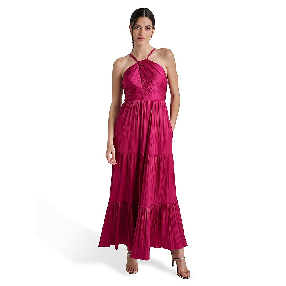 Pleated & Tiered Halter Maxi Dress