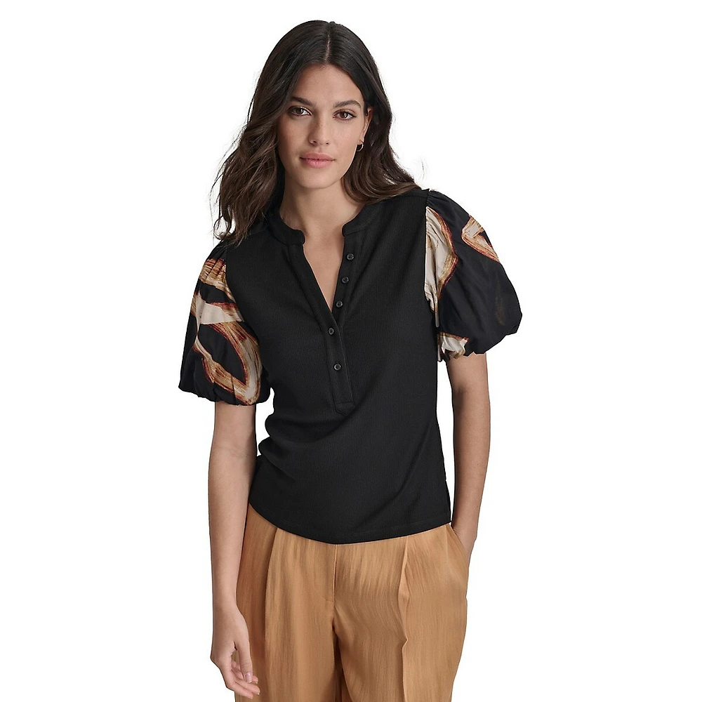 Mixed-Media Puff-Sleeve Henley Blouse