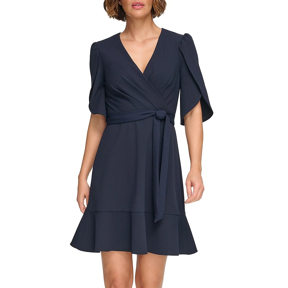 Tulip-Sleeve Faux Wrap Dress