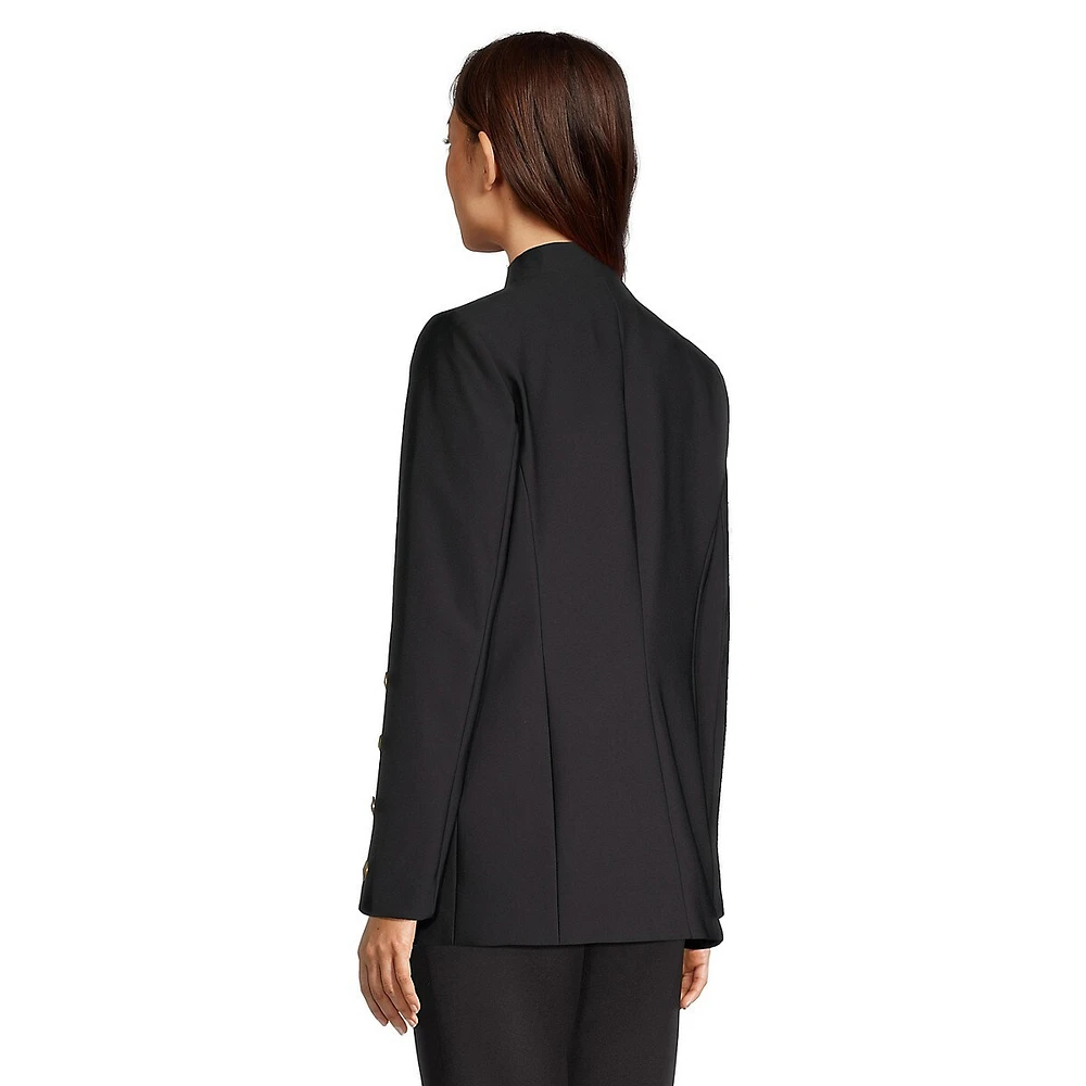 Collarless Button-Sleeve-Trim Blazer