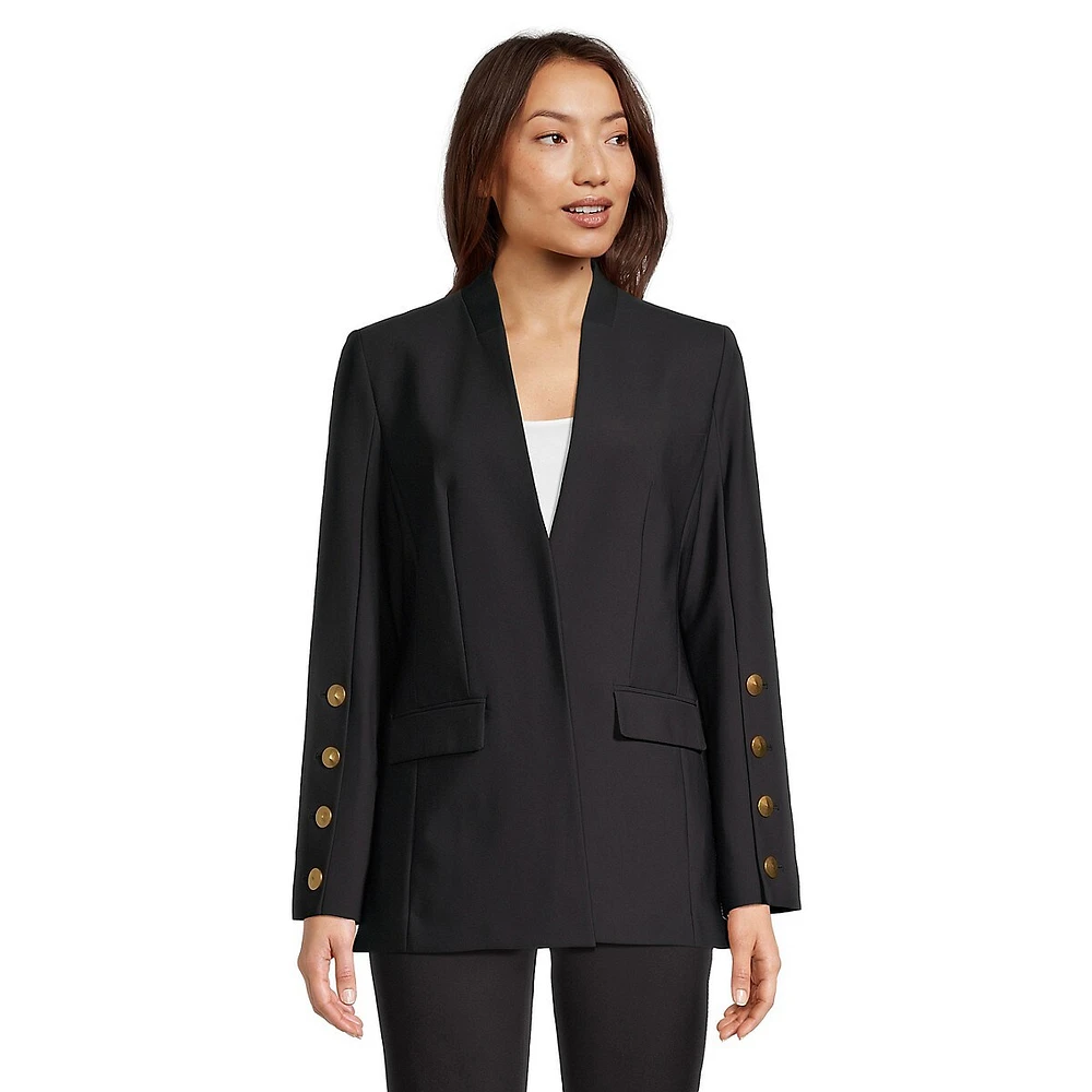 Collarless Button-Sleeve-Trim Blazer