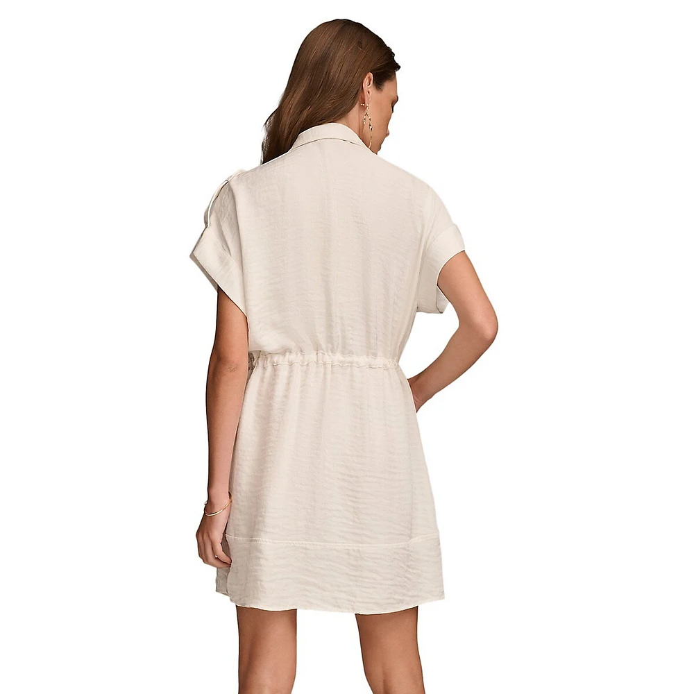 Short-Sleeve Drawstring Mini Shirtdress