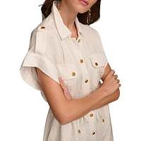 Short-Sleeve Drawstring Mini Shirtdress