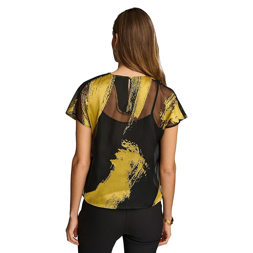 Brustroke-Print Sheer Top With Liner