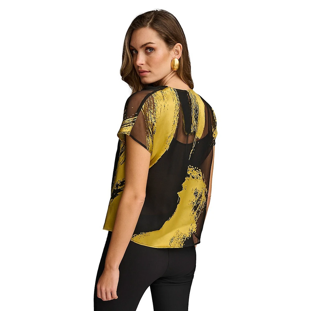 Brustroke-Print Sheer Top With Liner