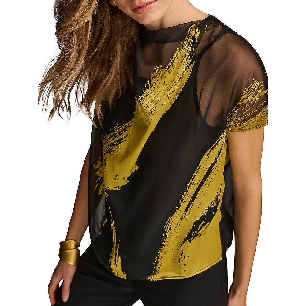 Brustroke-Print Sheer Top With Liner