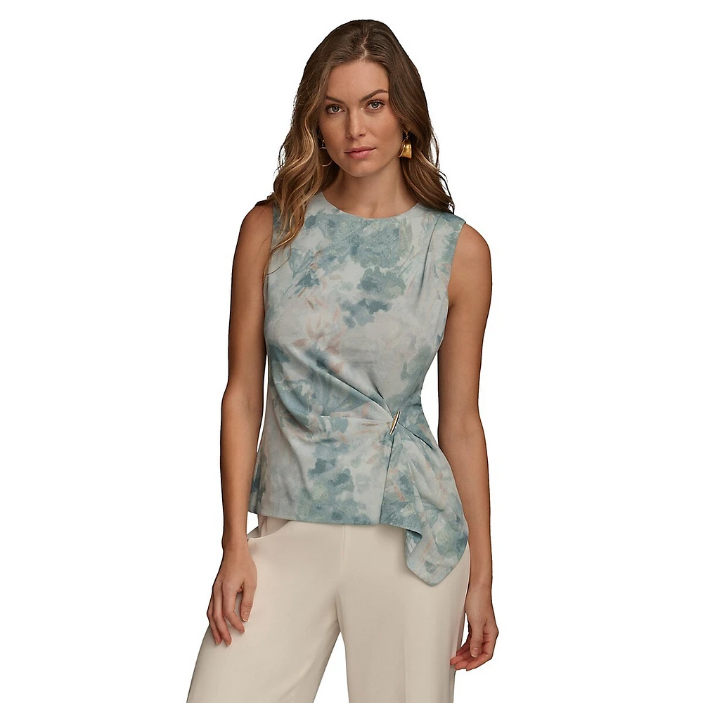 Sleeveless Printed Gathered Hardware Top