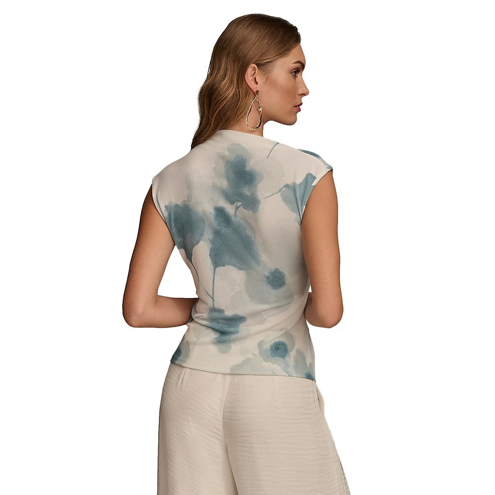 Printed Cap-Sleeve Crossover Draped Top