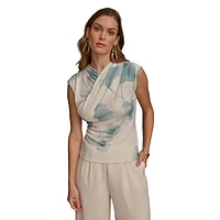 Printed Cap-Sleeve Crossover Draped Top