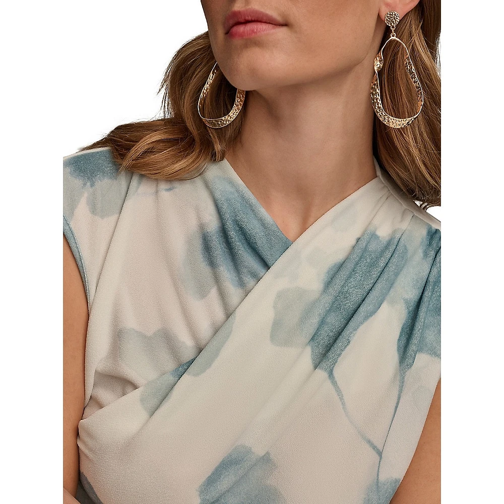 Printed Cap-Sleeve Crossover Draped Top