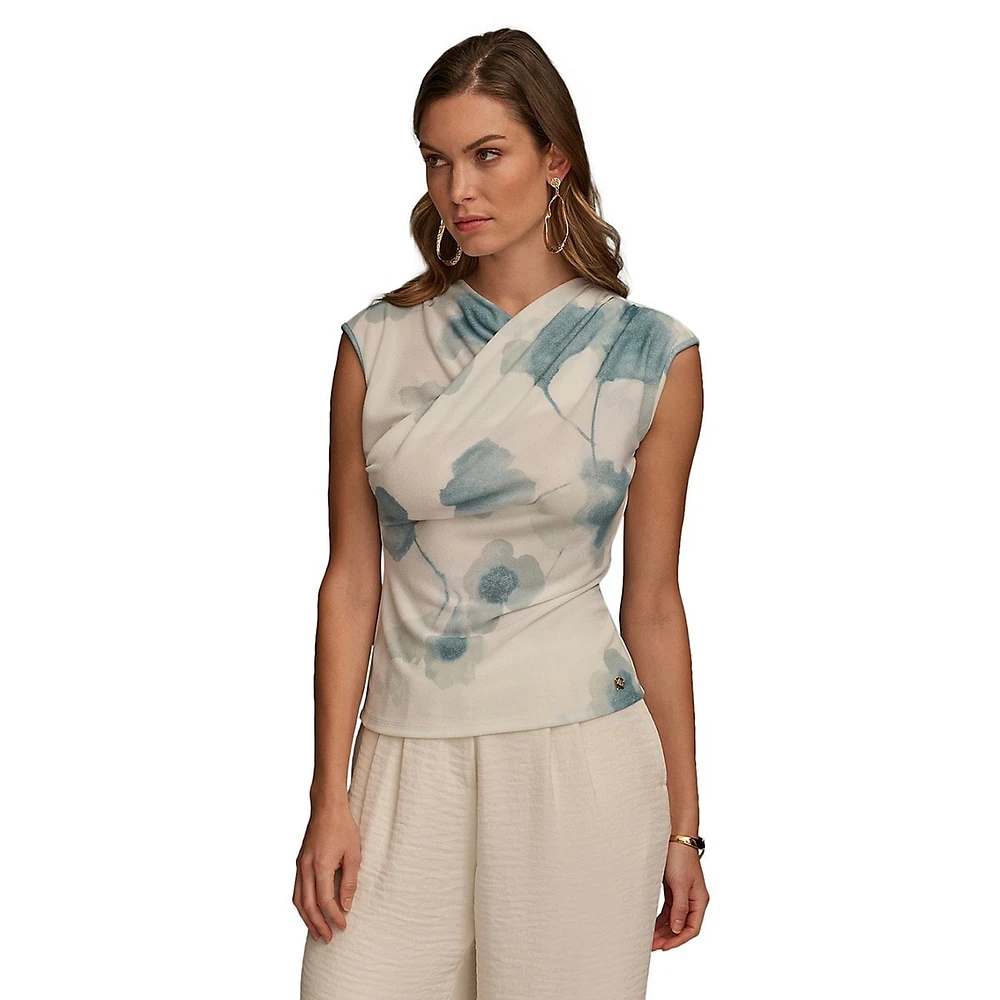 Printed Cap-Sleeve Crossover Draped Top