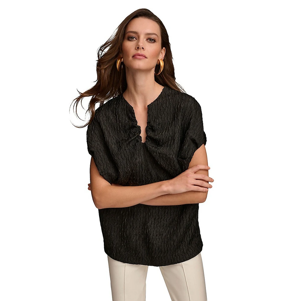 V-Wire Textured Cap-Sleeve Top