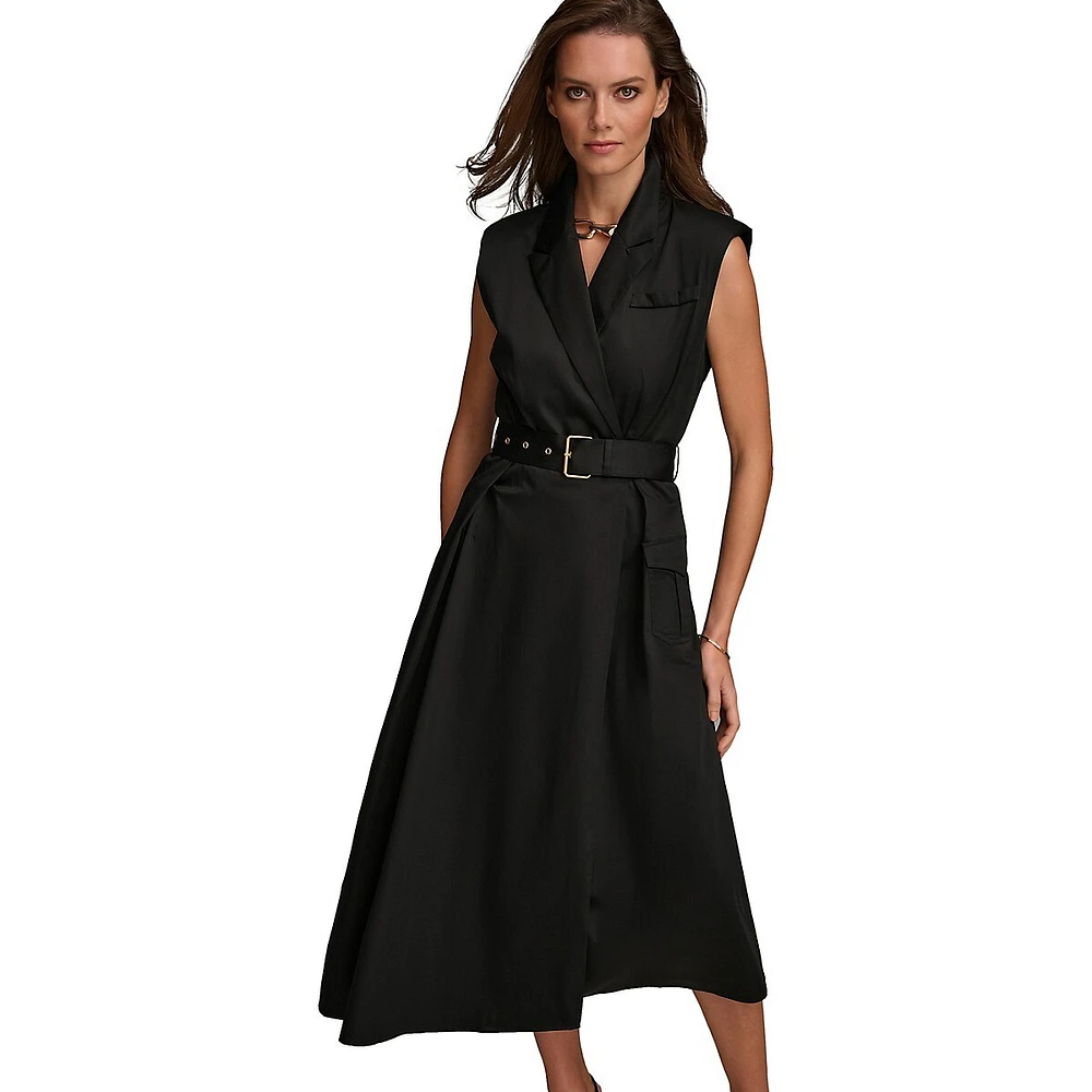 Sleeveless Notch-Collar Wrap Midi Dress