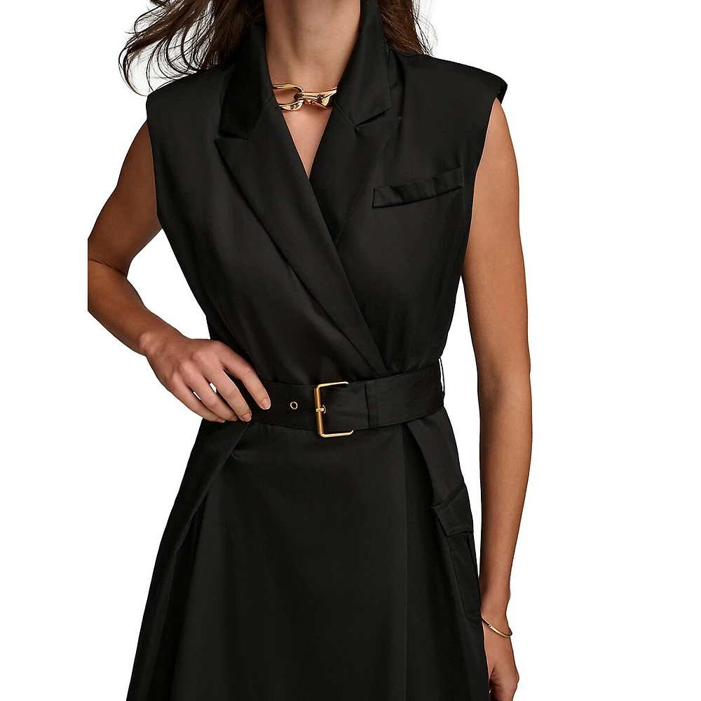 Sleeveless Notch-Collar Wrap Midi Dress