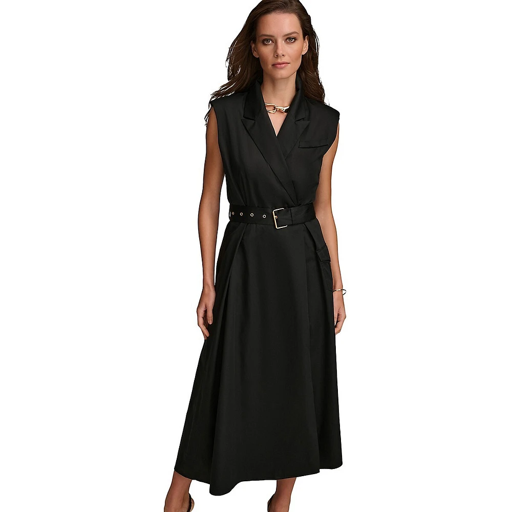 Sleeveless Notch-Collar Wrap Midi Dress