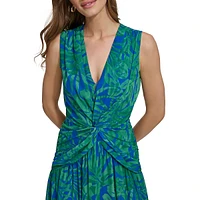 Tropical Print Front-Twist Midi Dress