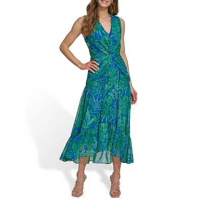 Robe midi torsadée sur le devant et à imprimé tropical