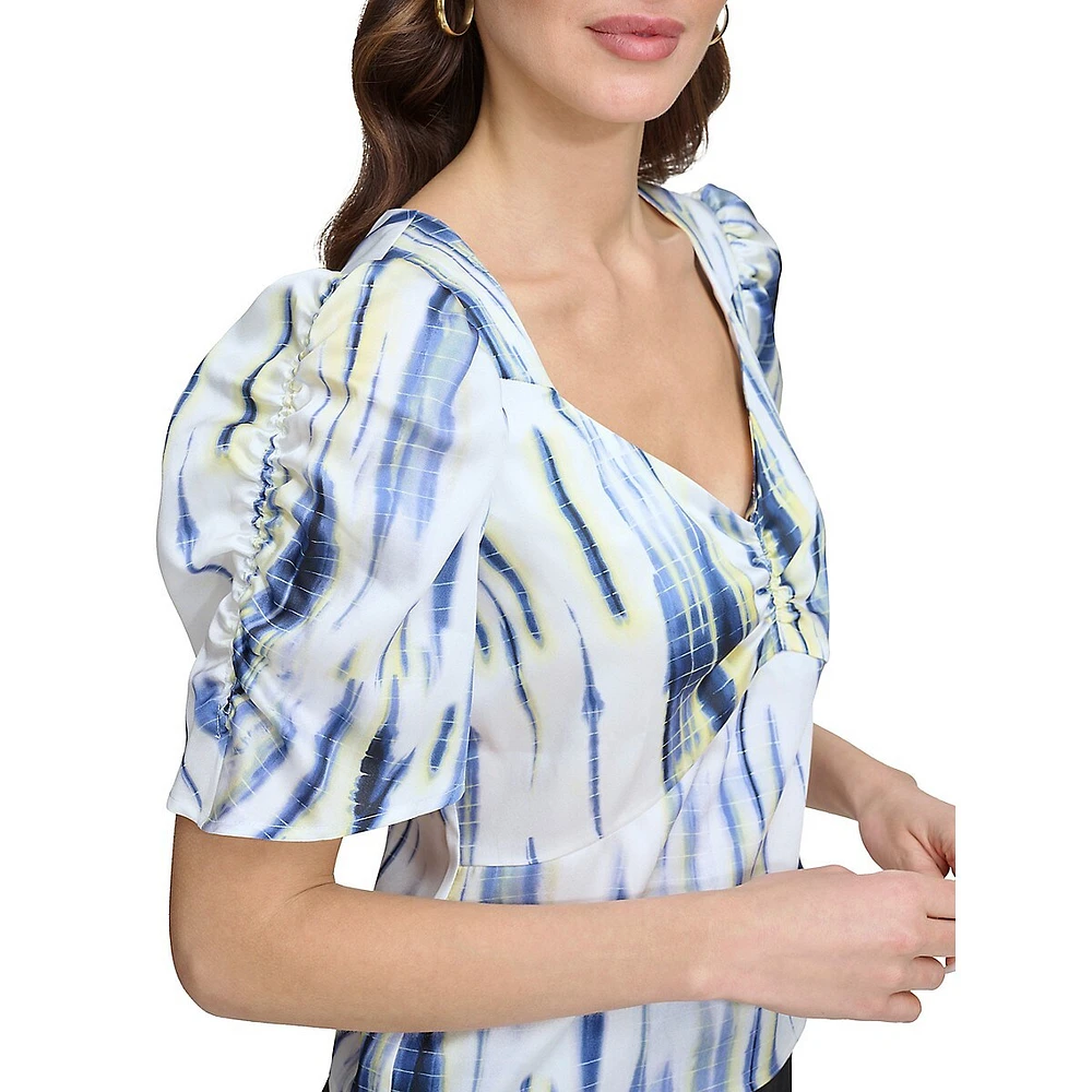 Printed V-Neck Ruched Blouse