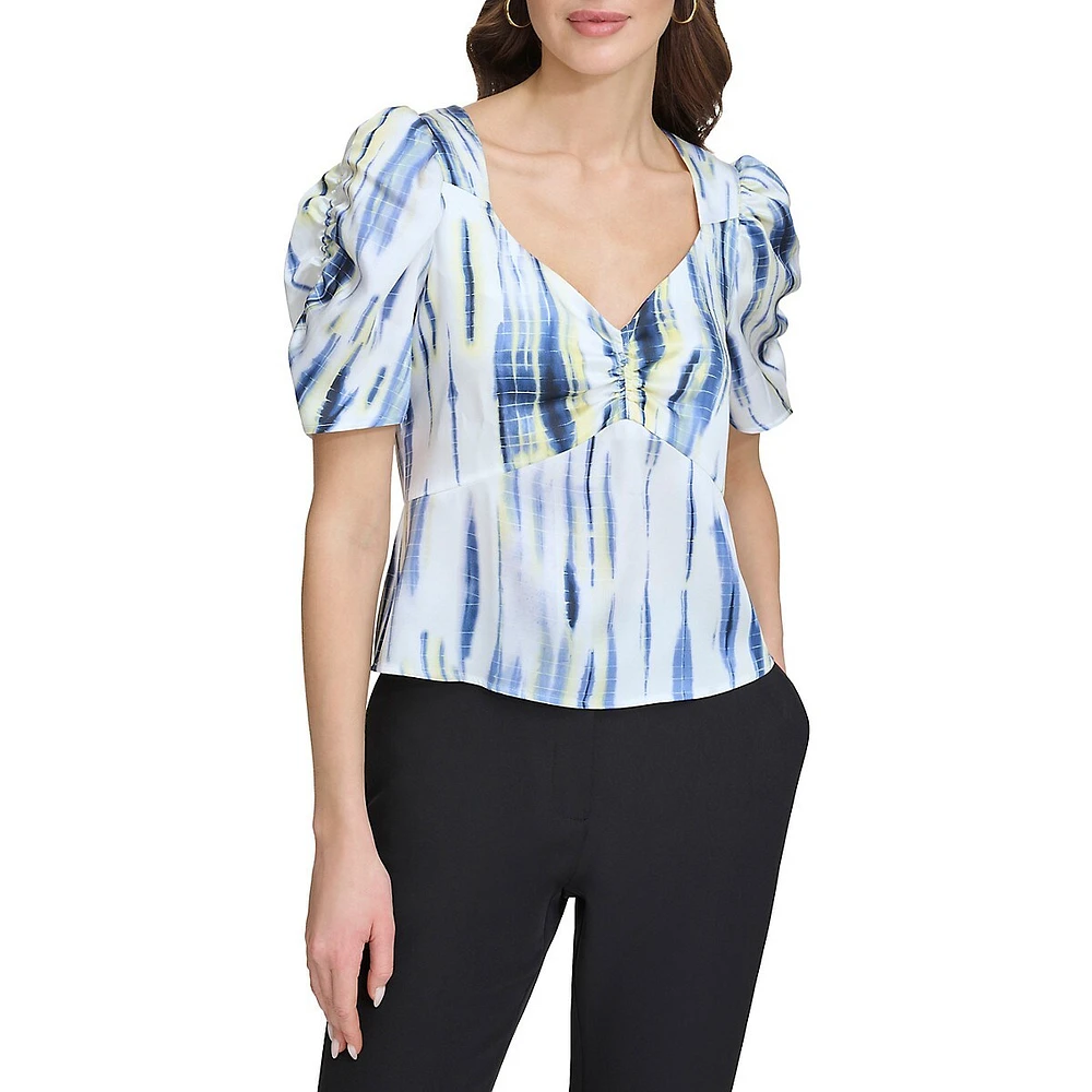 Printed V-Neck Ruched Blouse