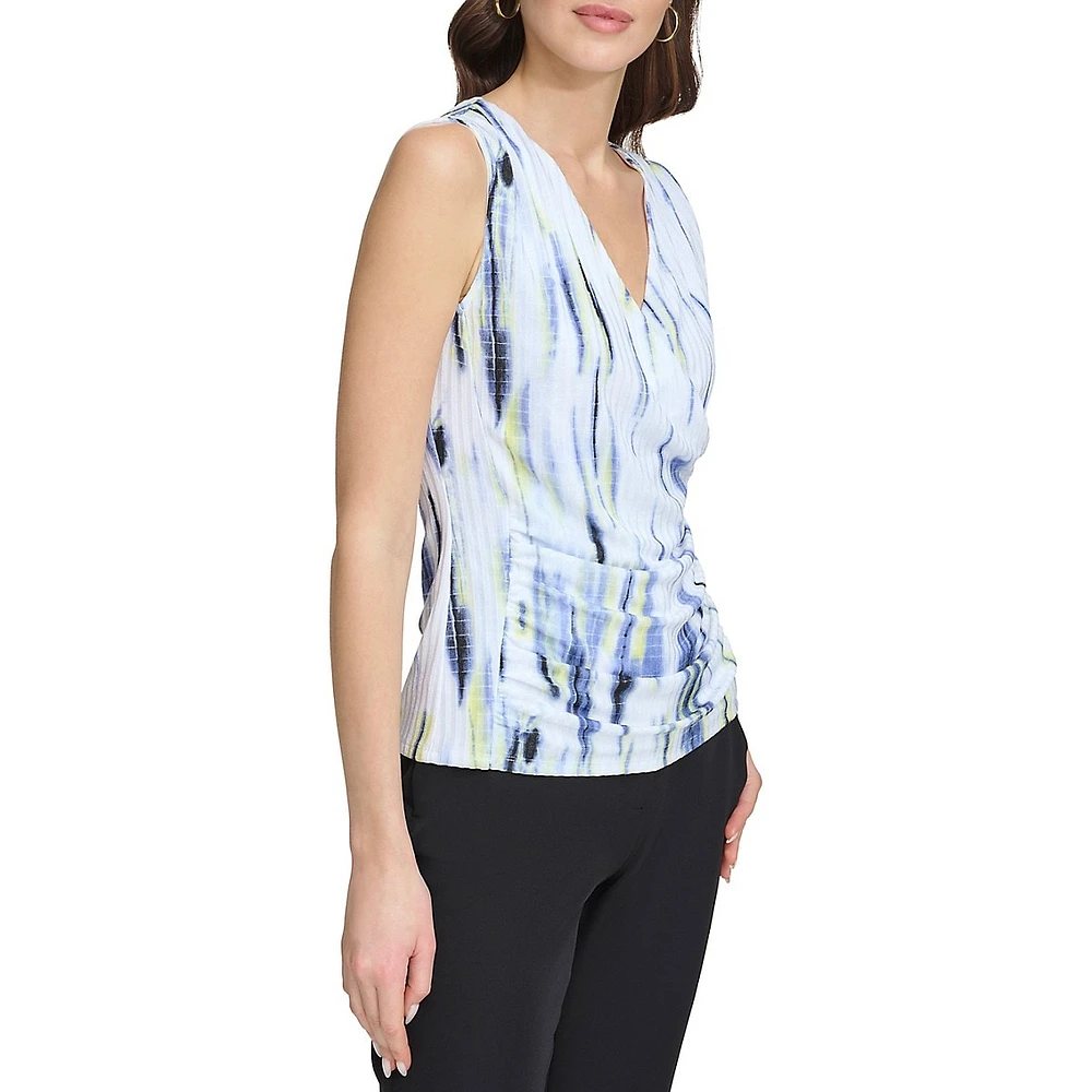 Sleeveless Printed Hacci Faux Wrap Top