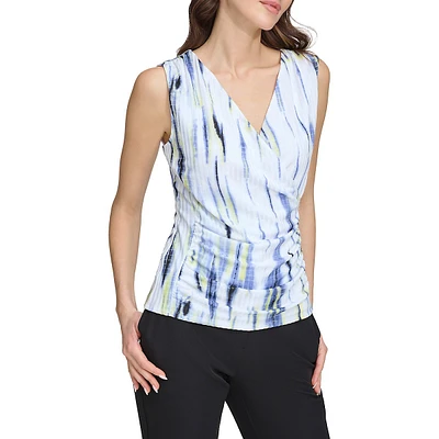 Sleeveless Printed Hacci Faux Wrap Top