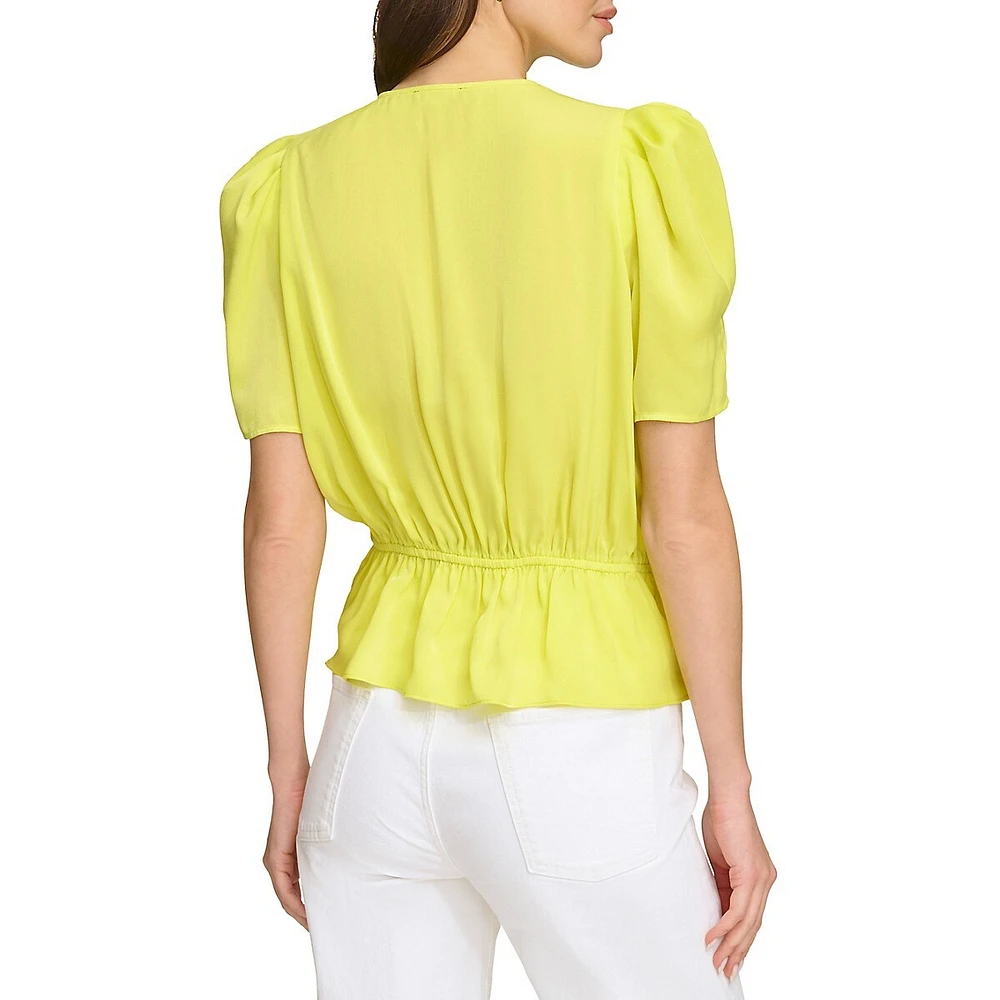 Surplice Puff-Sleeve Satin Peplum Blouse