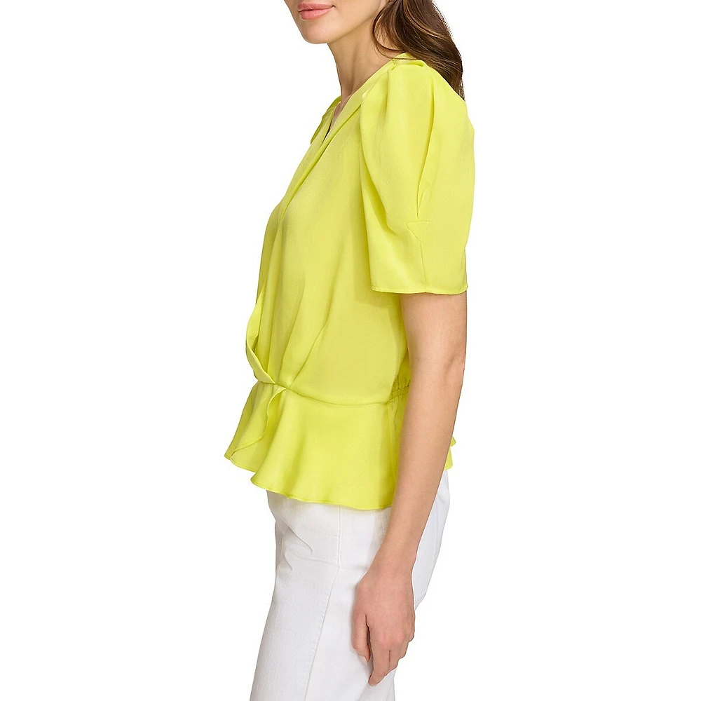 Surplice Puff-Sleeve Satin Peplum Blouse