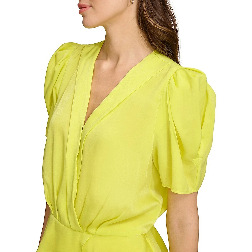 Surplice Puff-Sleeve Satin Peplum Blouse