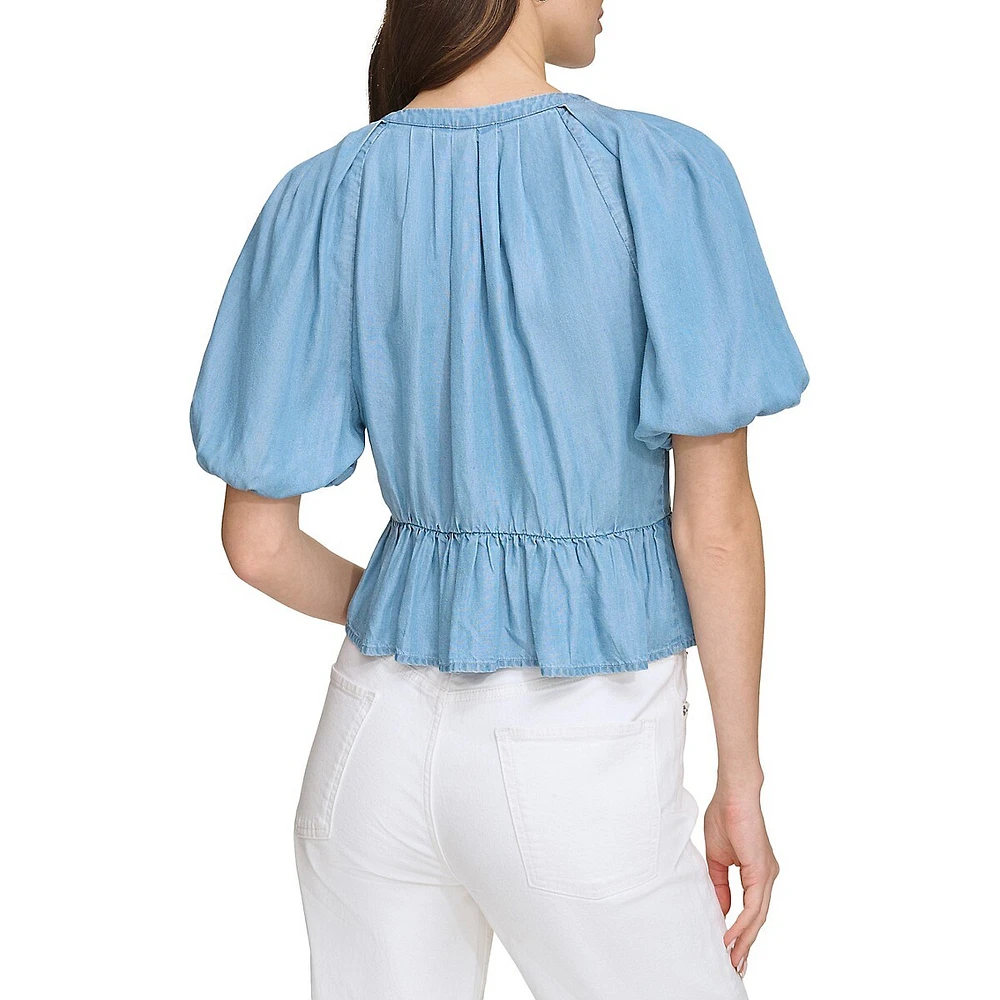 Puff-Sleeve Peplum Tencel Zip Blouse