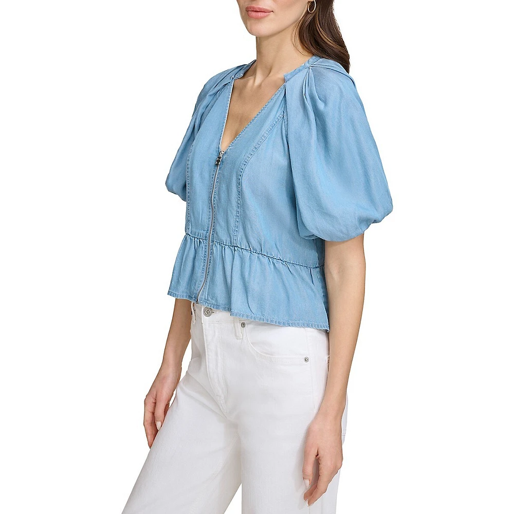 Puff-Sleeve Peplum Tencel Zip Blouse