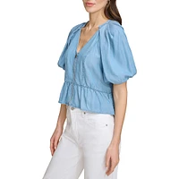 Puff-Sleeve Peplum Tencel Zip Blouse