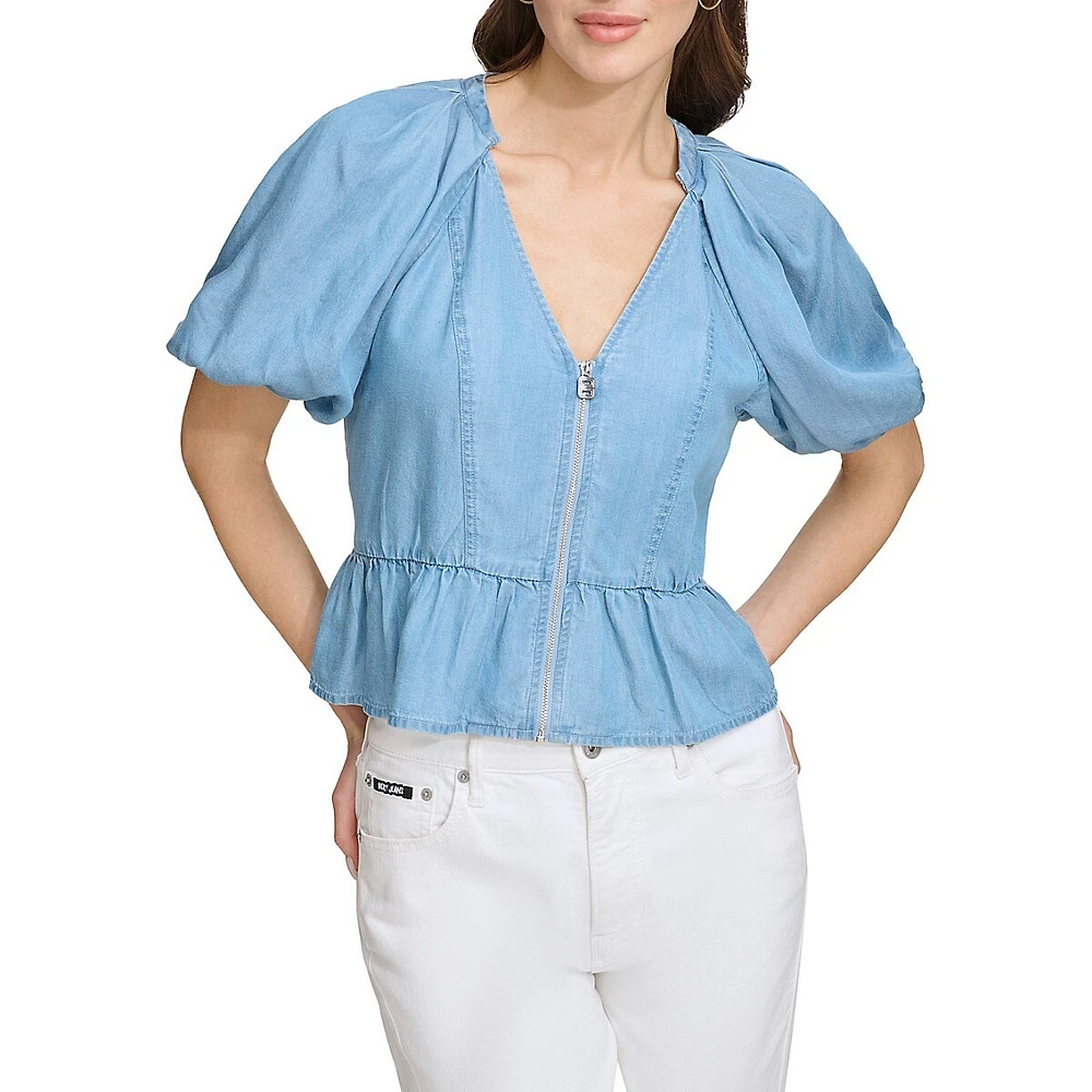 Puff-Sleeve Peplum Tencel Zip Blouse