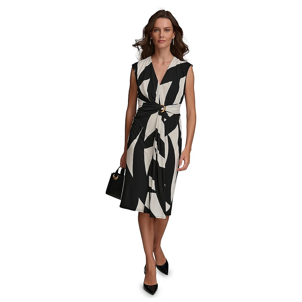 Printed Sleeveless Gathered-Waist Sheath Dress