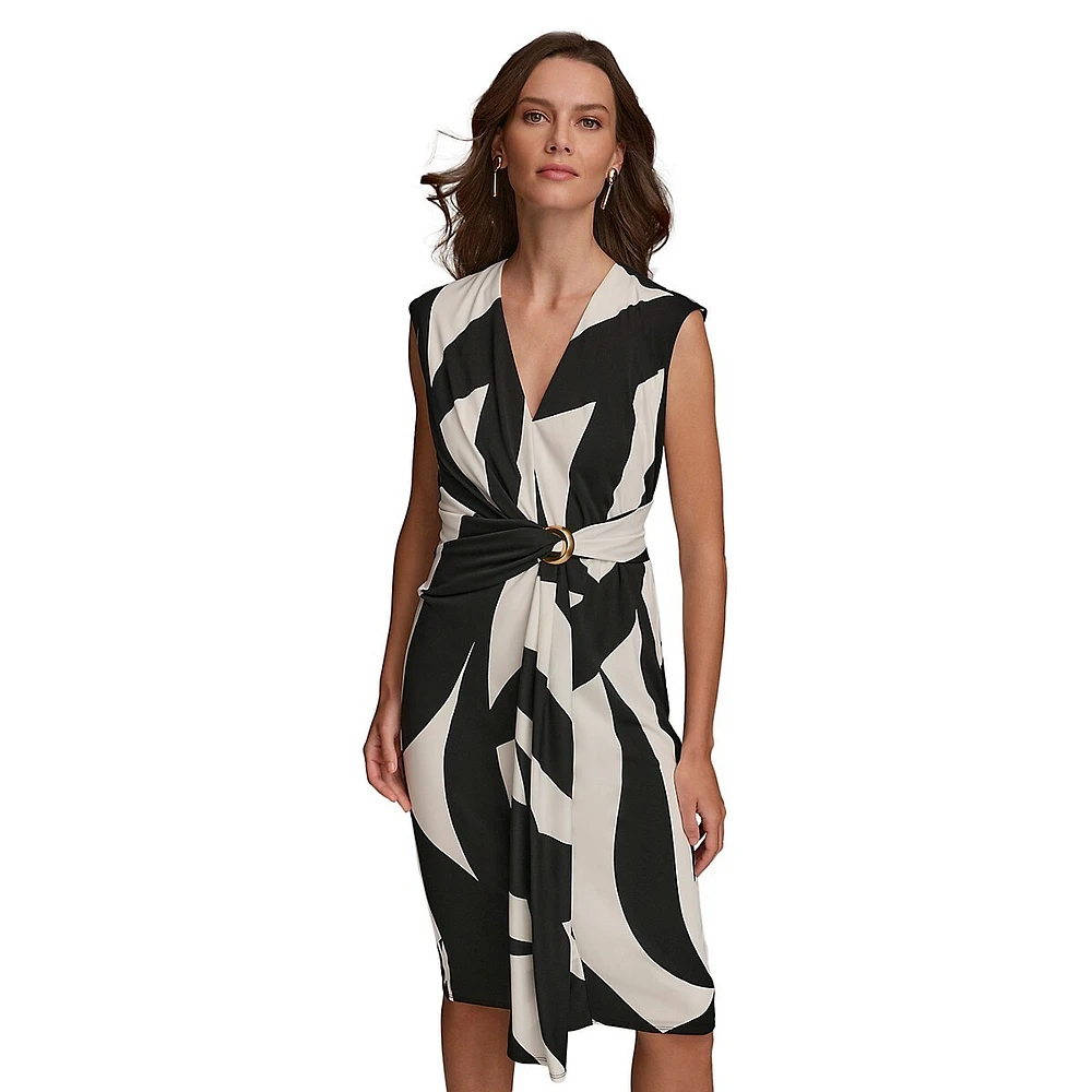 Printed Sleeveless Gathered-Waist Sheath Dress